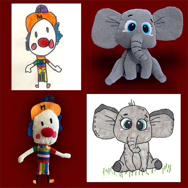 elefante y payaso de peluche