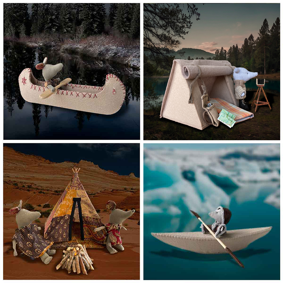 juguetes de tela: canoa india, tienda de camping, tipi indio, kajak esquimal